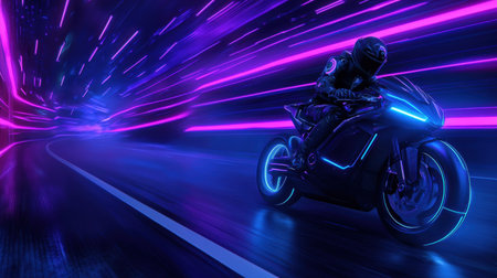 Experience the thrill of a futuristic rider on a neon motorcycle racing through a cyber landscape, surrounded by vibrant light trails that evoke speed and energy.の素材