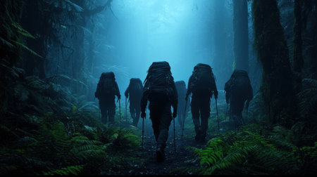 A group of hikers traverses a misty forest, surrounded by towering trees and vibrant greenery. The serene atmosphere invites exploration and adventure in nature's embrace.の素材