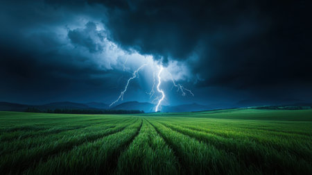 A stunning scene depicting a thunderstorm with bright lightning illuminating the dark clouds over a vibrant green field, creating a dramatic and powerful atmosphere.の素材