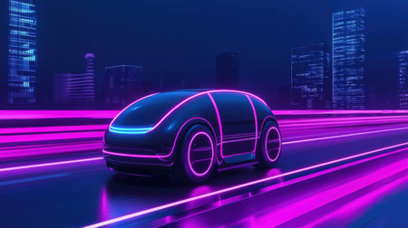 A sleek electric vehicle illuminated with vibrant neon lights navigates a futuristic cityscape at night, showcasing advanced technology and urban aesthetics.の素材