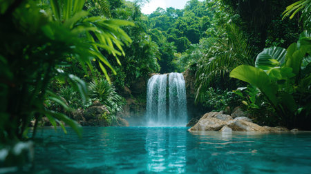 Experience the serenity of a lush tropical jungle featuring a stunning waterfall pouring into a clear pool, surrounded by vibrant greenery and exotic plants.の素材