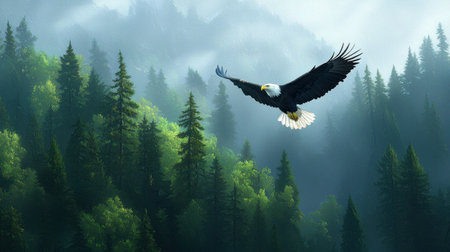 A stunning bald eagle showcases its grandeur in flight above a vibrant green forest. The misty mountains create a serene backdrop, highlighting the beauty of nature.の素材