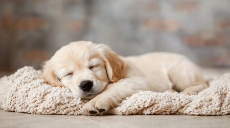A charming golden retriever puppy peacefully sleeps on a cozy blanket, exuding warmth and innocence in a soft indoor setting. Perfect for pet lovers and serene themes.の素材