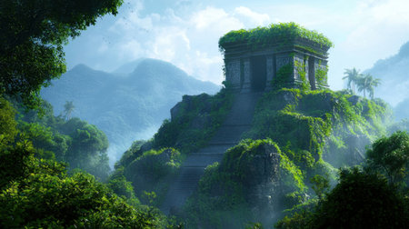 A captivating scene showcasing an ancient temple enveloped in vibrant greenery, set against misty mountains and a serene sky, evoking a sense of adventure and tranquility.の素材