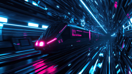 A stunning representation of a futuristic high-speed train racing through a neon-lit tunnel, showcasing vibrant colors and dynamic lighting that evoke a thrilling sci-fi experience.の素材