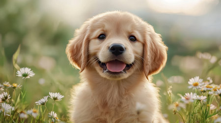A cheerful golden retriever puppy sits in a field of flowers, surrounded by lush greenery. This image captures the essence of joy and innocence in nature.の素材