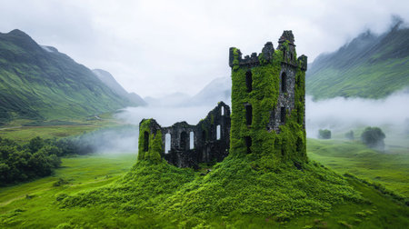 Discover the beauty of ancient ruins enveloped in lush greenery amidst majestic mountains, with fog rolling in. A stunning scene for nature lovers and adventurers alike.の素材
