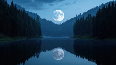 A captivating evening landscape featuring a bright full moon reflecting on a calm lake, framed by towering pine trees under a serene blue sky. Perfect for nature lovers.の素材