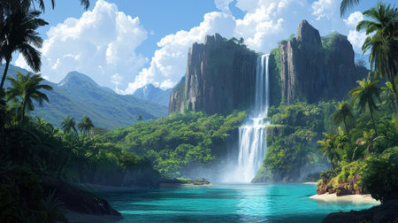 Experience the beauty of a serene tropical landscape featuring a stunning waterfall cascading into clear waters, surrounded by lush greenery and majestic mountains.の素材