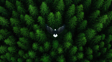 An eagle gracefully glides over a dense evergreen forest, showcasing its majestic wings against a backdrop of vibrant green pine trees, celebrating nature's beauty.の素材