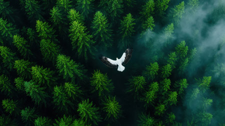 An aerial view captures a majestic white bird soaring gracefully above a lush green forest, shrouded in soft mist, illustrating the beauty and serenity of nature.の素材