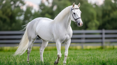 A striking white horse moves gracefully through a vibrant green pasture. This captivating scene captures the beauty of nature and the elegance of equine life.の素材