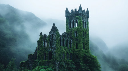 Explore enchanting ancient ruins of a castle covered in lush greenery, surrounded by misty mountains, creating a serene atmosphere ideal for discovery or photography.の素材