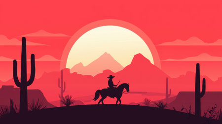 This stunning illustration depicts a lone cowboy riding a horse under a vibrant sunset in a desert landscape. The bold colors and silhouettes create a sense of adventure.の素材