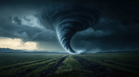 A powerful tornado spirals ominously across a rural landscape, creating a dramatic scene filled with swirling clouds and a brooding sky, evoking nature's raw power.の素材