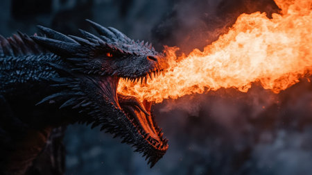 This stunning image depicts a black dragon expelling a massive flame, set in a dark fantasy landscape. The creature's piercing eyes and sharp features evoke a sense of power and mystery.の素材
