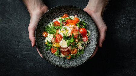 A captivating image showcasing hands presenting a bowl filled with vibrant, fresh salad, highlighting cherry tomatoes and greens, embodying the essence of healthy eating.の素材