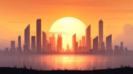 Experience a breathtaking sunset over a modern city skyline, featuring silhouetted skyscrapers reflecting beautifully in calm water, creating a serene atmosphere.の素材