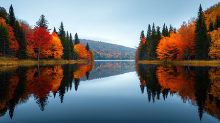 This stunning autumn scene features vibrant foliage reflecting in a calm lake, surrounded by lush forests and rolling hills, perfect for nature lovers and outdoor enthusiasts.の素材