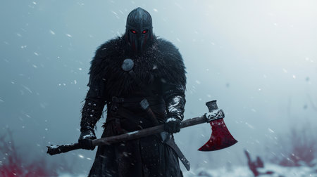 A mysterious dark warrior stands in a snowy environment, wielding an axe. The glowing eyes create an eerie yet powerful aura, inviting intrigue and fascination.の素材