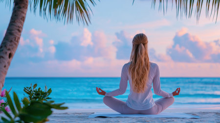 A serene woman sits in a yoga pose on a tropical beach during sunrise, surrounded by a calm ocean and colorful clouds, embodying tranquility and mindfulness.の素材