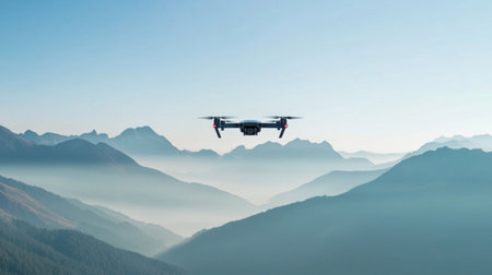 A stunning aerial view of a drone in flight over majestic mountains, enveloped in soft mist, showcasing the beauty of nature and the thrill of exploration.の素材