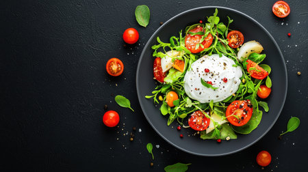 Vibrant salad featuring fresh greens, cherry tomatoes, and creamy cheese on a dark background. Ideal for promoting healthy eating and showcasing culinary artistry.の素材