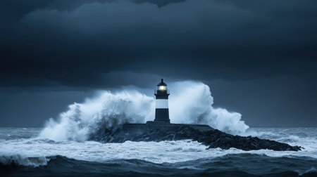 A striking scene of a lighthouse standing firm on a rocky jetty as tumultuous waves crash against it, illuminated by a solitary beacon amidst dark and stormy clouds.の素材