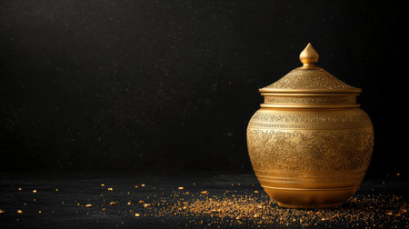 A stunning golden jar featuring intricate designs, set against a dark background. Scattered golden particles enhance its luxurious appeal, creating an elegant atmosphere.の素材