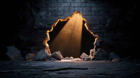 A captivating scene of light pouring through a cracked wall in a darkened space. Dust particles dance in the beam, creating a moody and mysterious atmosphere.の素材