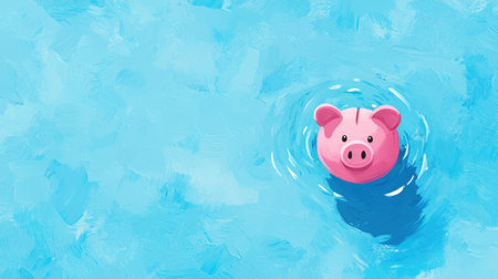 This playful image features a cute pink piggy floating on calm blue water, capturing the essence of childhood fun and summer leisure, perfect for kids' themes and joyful designs.の素材