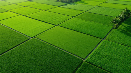 Captivating aerial view of vibrant green rice fields showcasing geometric patterns under a vast blue sky, embodying the beauty of rural agriculture and sustainable growth.の素材