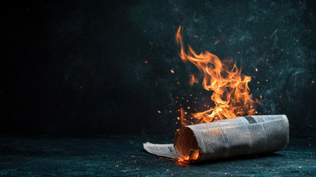 A burning newspaper lays on a dark surface, surrounded by flames and sparks, creating a powerful visual. This dramatic scene evokes themes of chaos, destruction, and transformation.の素材