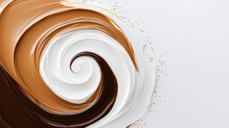 A stunning swirl of creamy chocolate and vanilla creates an elegant design against a clean white background, ideal for culinary promotions and food artistry.の素材