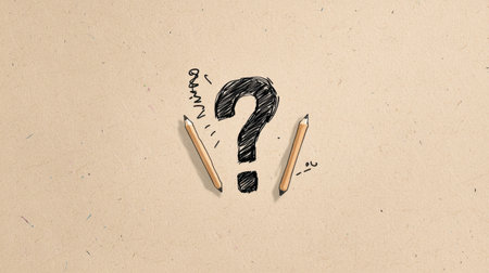 This image features a hand-drawn question mark alongside two raw pencils, set against a textured paper background, perfect for illustrating concepts of curiosity and inquiry.の素材