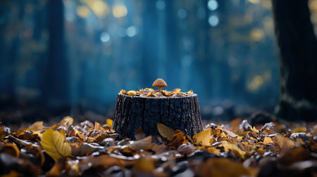 A serene forest scene showcasing a single mushroom atop a weathered tree stump, surrounded by vibrant autumn leaves, illuminated by soft light filtering through the trees.の素材
