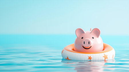 A charming piggy bank rests comfortably in a vibrant inflatable ring, drifting peacefully on calm blue water, representing fun, savings, and joyful summer moments.の素材