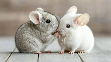 Two baby chinchillas share a sweet moment of playfulness on a light wooden surface, showcasing their adorable features and soft fur in a cozy atmosphere.の素材