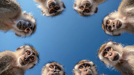 A captivating scene featuring a group of curious monkeys gazing upward, framed by a brilliant blue sky. This unique overhead perspective adds charm to wildlife photography.の素材