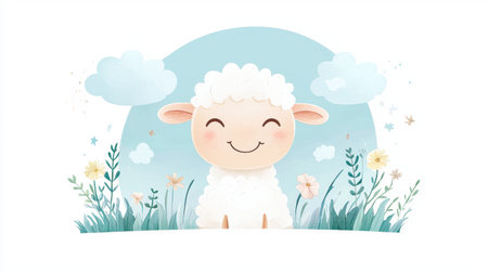 This adorable cartoon sheep features a smiling face and is surrounded by flowers and soft clouds, making it ideal for children's design projects or illustrations.の素材