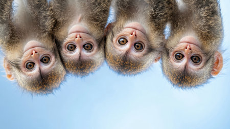 Four baby monkeys hang upside down, displaying their adorable faces and curious expressions. This playful scene captures the charming nature of wildlife behavior.の素材
