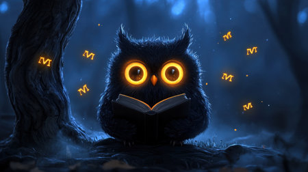 A whimsical owl with glowing eyes reads a book in a dark, enchanted forest. Magical symbols float around, enhancing the mystical night atmosphere. Perfect for fantasy themes.の素材