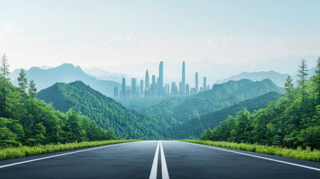 A captivating view showcasing a highway winding through vibrant green mountains, with a modern city skyline rising majestically in the background under a serene sky.の素材