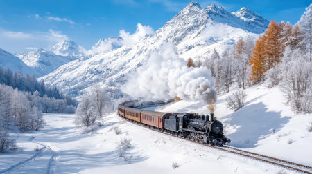 A vintage steam train elegantly travels through a winter wonderland, surrounded by snow-covered mountains and a serene landscape, evoking feelings of nostalgia and adventure.の素材