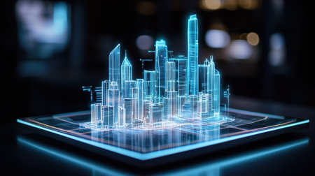 A stunning representation of a futuristic cityscape using digital holographic models, highlighting innovative skyscrapers and advanced architectural design in a vibrant tech environment.の素材