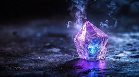 A captivating purple crystal radiating a blue light amidst a mysterious mist, creating an enchanting and ethereal atmosphere, ideal for fantasy and spiritual themes.の素材