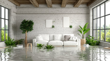 A modern living room scene showcases a flooded interior featuring a stylish white sofa, greenery, and windows allowing natural light to illuminate the serene atmosphere.の素材