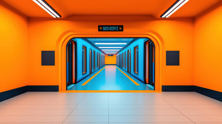 Explore a captivating subway station with vibrant orange and blue colors, highlighted by stylish architectural features and an illuminated pathway that invites exploration.の素材