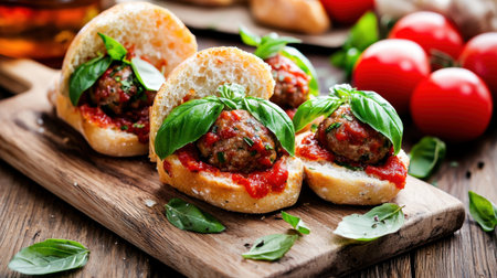 Delight in the flavors of freshly made meatballs served in soft buns, drizzled with rich tomato sauce and adorned with basil leaves, perfect for gatherings.の素材