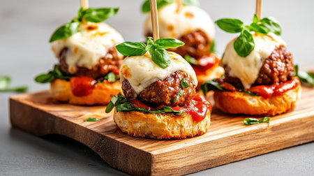 A tempting arrangement of meatball sliders topped with cheese and basil placed on a rustic wooden board. Perfect for appetizers or any gathering to impress guests.の素材